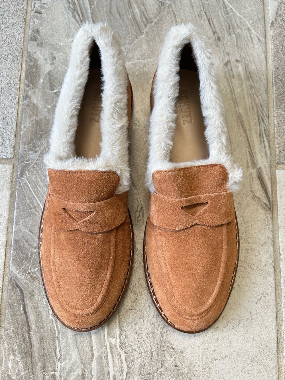 NWOB SCHUTZ Christie Furry, Size 11B Suede Slip-On Tan Loafers